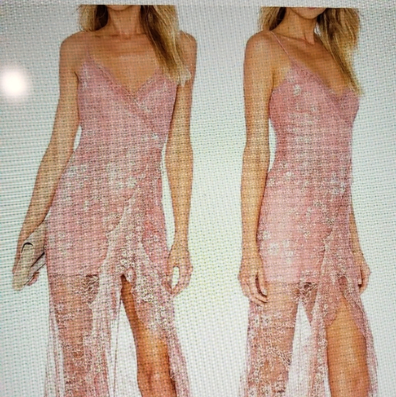 Pink Lace Majorelle Overlay Illusion Faux Wrap High Low Maxi Dress Size… - Picture 4 of 11